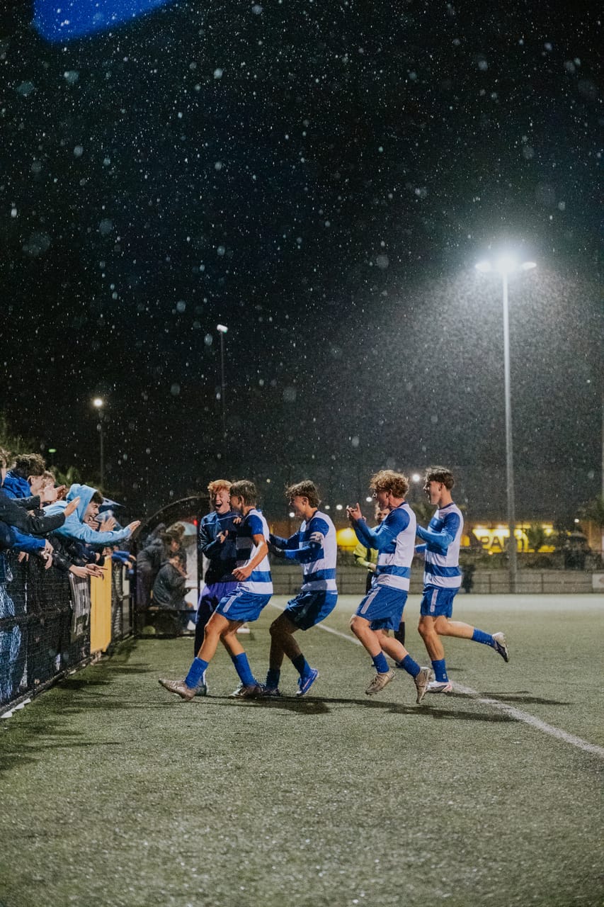 Players in blue-and-white stripes celebrate with fans along the fence on a rainy night.
